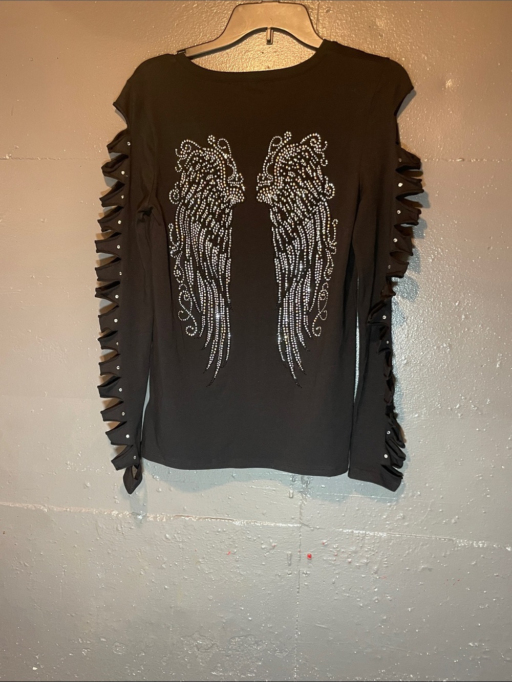 Black Womens Long-Sleeve Rhinestone Angel Wing Top